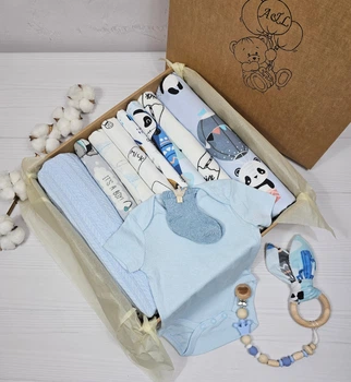 Набір для новонародженого: плед, пелюшки і іграшкиь з боді a.l.babybox Панда индеец