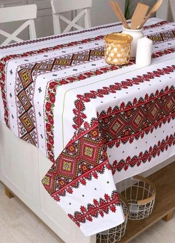 Скатерть для кухни на стол тканевая из льна в украинском стиле вышиванки 150х110 см (Е05015В-3)