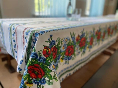 Скатерть для кухни на стол тканевая из льна в украинском стиле вышиванки 150х110 см (Е0508В-3)