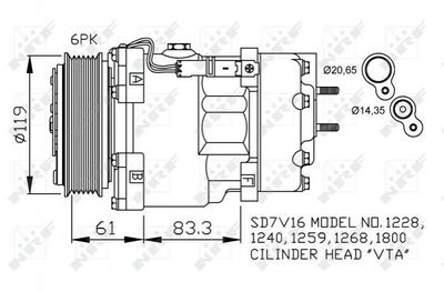 Компресор кондиціонера NRF 32198 Fiat Scudo; Citroen C5, Berlingo, Jumpy, Xsara, C4, C8; Peugeot Partner, 406, 307, Експерт, 308, 508, 3008, 807 6453RY, 6453RZ, 6453CR