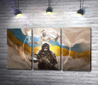 Модульная картина Воин и казак на фоне флага Украины 60x34 см Модуль №2 (003911)