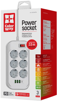 Сетевой фильтр-удлинитель ColorWay 6 розеток/4USB (Type-C PD20W + 3USB QC3.0) (38 Вт) 2 м White (CW-CHE64PDW)