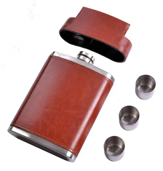 Фляга 300 мл Brown Leather и 3 рюмки, Нержавеющая сталь