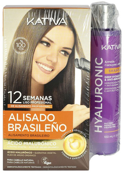 Набір для випрямлення волосся Kativa Brazilian Hyaluronic Smoothing Попередній шампунь 15 мл + Маска 150 мл + Шампунь 30 мл + Кондиціонер 30 мл + Щітка + Рукавички + Шампунь Q10 100 мл (8436581013818)