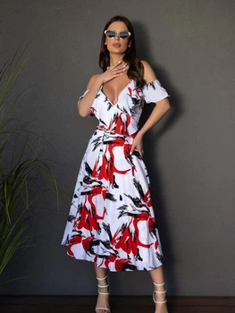 Сукня сарафан халат бохо повсякденна пляжна молодіжна легка міді приталена розкльошена з v-подібним вирізом з відкритими плечима на бретельках з поясом з воланами яскрава ISSA PLUS 14678 S біло-червона (issa2007682587797)