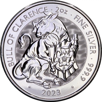 Серебряная монета 2oz Бык Кларенса "Королевские Звери Тюдоров" 5 фунтов 2023 Великобритания