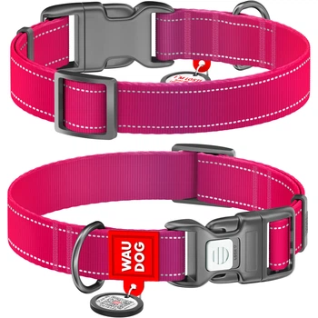 Нашийник для собак нейлоновий WAUDOG Nylon Mono з QR паспортом, світловідбивний, пластиковий фастекс, розмір L, 25 мм, 33-49 см, рожевий