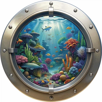 Наклейка для декора на стену в ванную/туалет ИЛЛЮМИНАТОР АКУЛА d200 mm ENTERSTORE (art. 220526seabed)