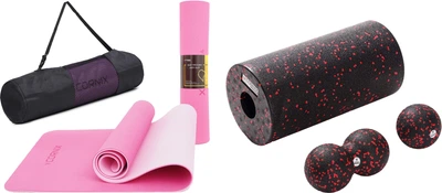 Набір Килимок спортивний Cornix TPE 183 x 61 x 0.6 см для йоги та фітнесу XR-0005 Pink/Rose + Масажний набір Cornix Ball 8 см, Duoball 8 х 16 см та Foam Roll 30 х 15 см XR-0080