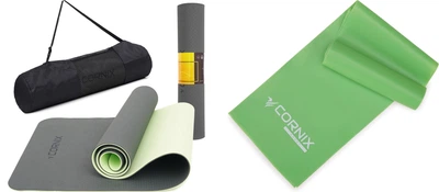 Набір Килимок спортивний Cornix TPE 183 x 61 x 0.6 см для йоги та фітнесу XR-0002 Black/Green + Стрічка-еспандер Cornix Flat Band 200 х 15 см для спорту та реабілітації 9 кг XR-0084