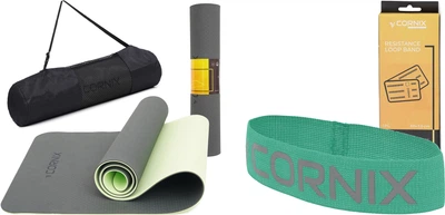 Набор Коврик спортивный Cornix TPE 183 x 61 x 0.6 см для йоги и фитнеса XR-0002 Black/Green + Резинка для фитнеса и спорта из ткани Cornix Loop Band XR-0138 7-9 кг Зеленая