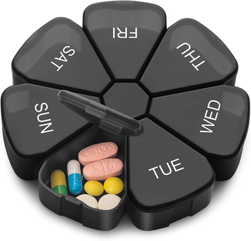Круглый органайзер для таблеток - таблетница Daisy на 7 отделений, черная