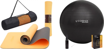 Набор коврик спортивный Cornix TPE 183 x 61 x 0.6 см для йоги и фитнеса XR-0001 Orange/Black + Мяч для фитнеса (фитбол) Cornix 85 см Anti-Burst XR-0260 Черный