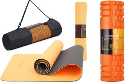 Набор спортивный коврик Cornix TPE 183 x 61 x 0.6 см для йоги и фитнеса XR-0001 Orange/Black + Массажный ролик Cornix EVA 45 x 14 см XR-0041 Orange