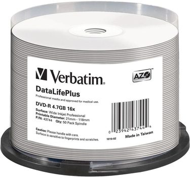 Dyski Verbatim DVD-R 4.7GB 16x AZO DL+ printable Cake 50 szt (0023942437444)