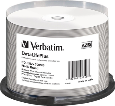 Диски Verbatim CD-R 700MB 52x DL+ AZO Thermal Printable Medi Disc Cake 50 шт (0023942437567)