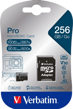 Karta pamięci Verbatim Pro Micro SDXC 256GB Class 3 + SD Adapter (0023942470458)