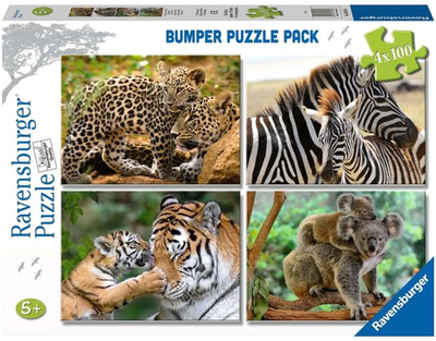 Zestaw puzzli Ravensburger Bumper Pack Wild Animals 36 x 26 cm 4 x 100 elementów (4005556056248)