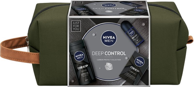 Zestaw dla mężczyzn Nivea Men Deep Control Żel pod prysznic 250 ml + Antyperspirant w kulce 50 ml + Woda po goleniu 100 ml + Kosmetyczka (9005800363578)