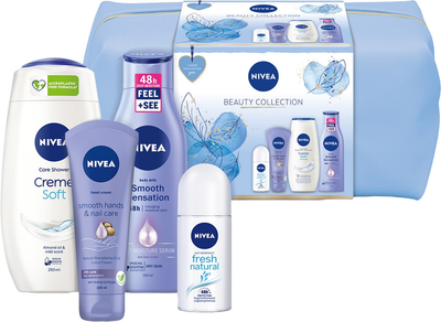 Набір для жінок Nivea Beauty Collection Молочко для тіла 250 мл + Гель для душу 250 мл + Крем для рук 100 мл + Кульковий антиперспірант 50 мл + Косметичка (9005800363530)