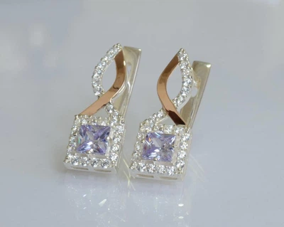 Серебряные серьги Silverstyle с золотыми вставками 190с, цвет камня светло-фиолетовый