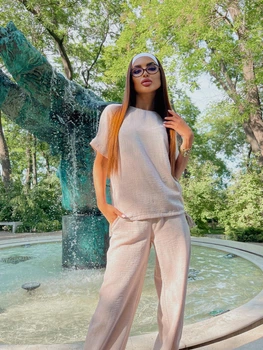 Костюм женский кофта и брюки лен жатка K&ML 575 XL - XXL ( 50 - 52 ) Бежевый ( 575 - 02 )