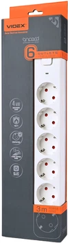 Мережевий подовжувач VIDEX ONCORD з/з 6п 3м 3x1.5мм з кнопкою White (VF-PD63G-W)