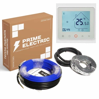 Теплый пол Prime Electric 8м²-9,6м²/ 1600Вт (80м) нагревательный кабель под плитку 20Вт/м с программируемым WiFi терморегулятором белым
