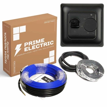 Тепла підлога Prime Electric 0,5м²-0,6м²/ 100Вт (5м) нагрівальний кабель під плитку 20Вт/м з механічним терморегулятором чорним