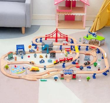 Дитяча залізниця з дерева Iekool, 134 деталі, 138x101 (Brio, Ikea, Playtive) A4146