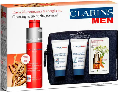 Набір для догляду за обличчям Clarins Men Energizing Гель для обличчя 50 мл + Шампунь 30 мл + Гель для вмивання 30 мл + Сироватка 0.9 мл + Косметичка (3666057239991)