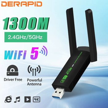 Двухдиапазонный Wi-Fi адаптер для подключения ПК или ноутбука к Wi-Fi 2.4/5 ГГц, 1300 Mbps, USB 2.0, Windows