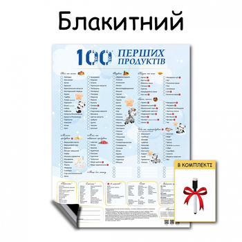 Магніт 100 перших продуктів планер прикорму схема годування блв пюре алергени перші продукти малюка на прикорм з 6 місяців дизайн блакитний 30 х 40 см + маркер