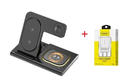 Беспровдная зарядная станция Magsafe 3 в 1 15 Вт для iPhone Apple Watch AirPods для айфона часов, черная+ блок питания Foneng K300 18W