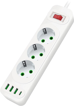 Сетевой фильтр Voltronic F23U, 3 розетки EU + 3 USB + PD, кнопка включения с индикатором, 2 м, 3х0.75 мм, 2500W, White, Box (YT31689)