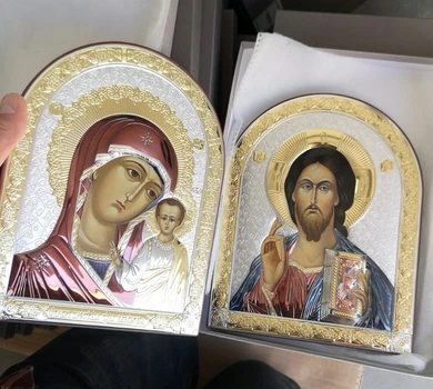 Иконы арочные для дома 18х23см Спаситель и Богородица с напылением серебром