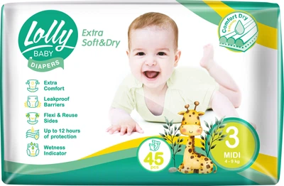 Подгузники Lolly Extra Soft & Dry Midi 3 4-9 кг 45 шт (4820174981259)