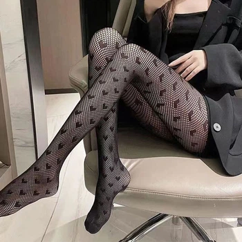 Колготки в сеточку с сердечками черные One Size