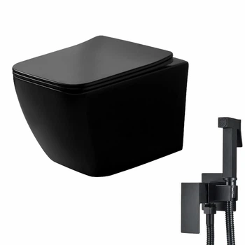 Набор: Подвесной безободковый унитаз DUSEL CUBIS Black с сиденьем+ Гигиенический душ со смесителем DUSEL GANI Black