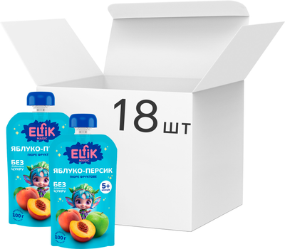 Упаковка детского пюре Elfik Magic из яблок и персиков без сахара 100 г х 18 шт (4820266361341)