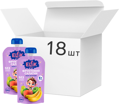 Упаковка детского пюре Elfik Magic Фруктовый салатик из яблок, груши, персика и банана без сахара 100 г х 18 шт (4820266361297)