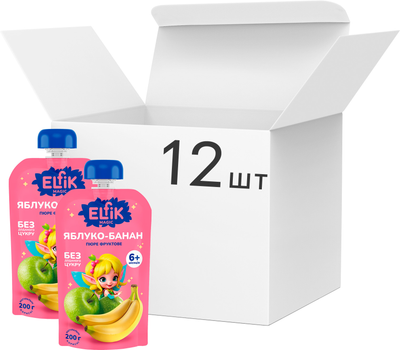 Упаковка детского пюре Elfik Magic из яблок и банана без сахара 200 г х 12 шт (4820266361310)