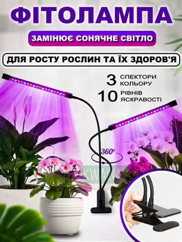 Светодиодная LED фитолампа для растений, рассады и орхидей гибкая полный спектр с таймером на прищепке (2 лампы)
