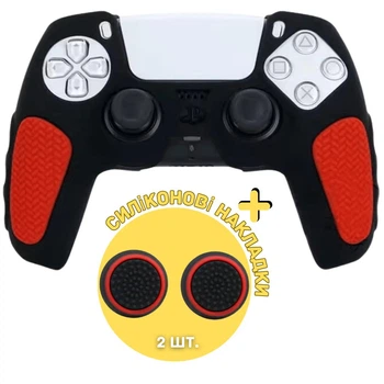 Качественный защитный силиконовый чехол Rubber Protective (Black/Red) для геймпада DualSense Sony PlayStation 5 (PS5) + накладки на стики [437155982]