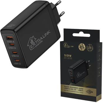 Блок живлення для ноутбука Extralink Smart Life Fast Charger 100W GaN Charger 3x USB-C USB-A (5906168630439)