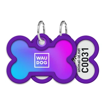 Адресник - жетон для собак и котов WAUDOG Smart ID Градиент фиолетовый Кость, M, стальной, 40×28 мм, с QR-паспортом, арт. 231-4034