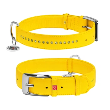 Ошейник для собак WAUDOG Glamour с QR паспортом и стразами, натуральная кожа, XL, 46-60 см, Желтый (LKMTR_844996)