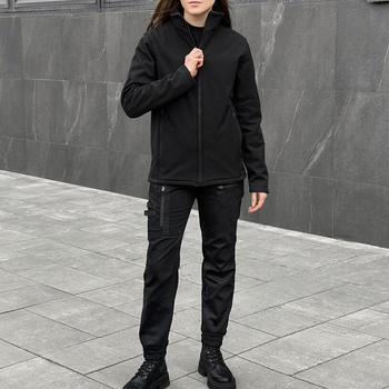 Женская Форма "Pobedov" Куртка на микрофлисе + Брюки - Карго / Демисезонный Костюм черный размер S