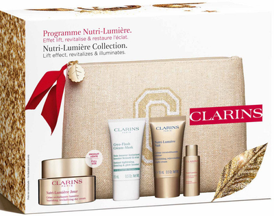 Набір для догляду за обличчям Clarins Nutri-Lumiere Денний крем 50 мл + Нічний крем 15 мл + Лосьйон для обличчя 10 мл + Крем-маска для обличчя 15 мл + Косметичка (3666057210136)