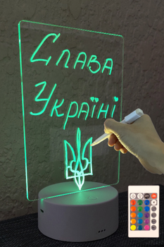 Світлодіодна 3D лампа нічник планер для записів та малювання FLASH білий вертикальний, з пультом та маркером, живлення від бетерейок та мережі, 16 кольорів підсвітки.